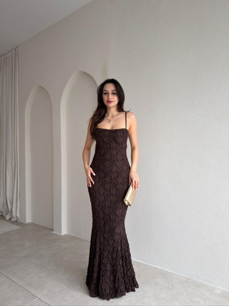 ARİANA Sırt Dekolteli Maxi Elbise 8734 - Acı Kahve - Mooi Butik