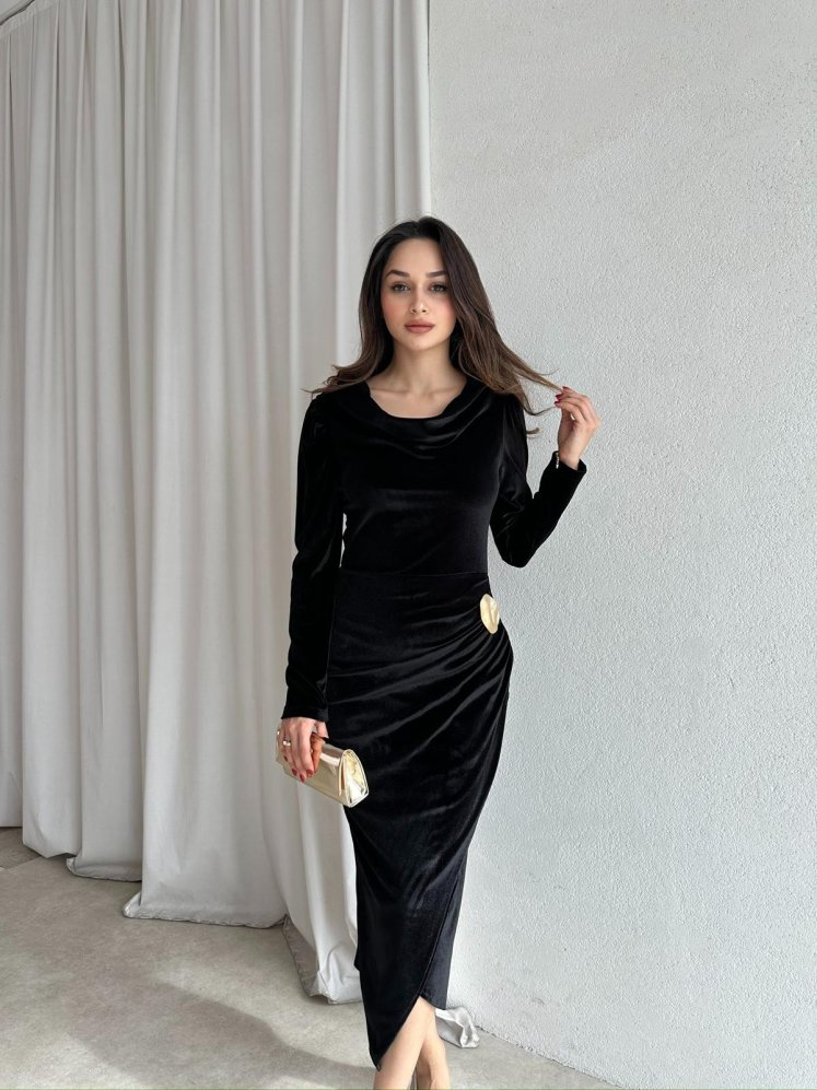 ARWEN Kadife Midi Elbise 8709 - Siyah - Mooi Butik