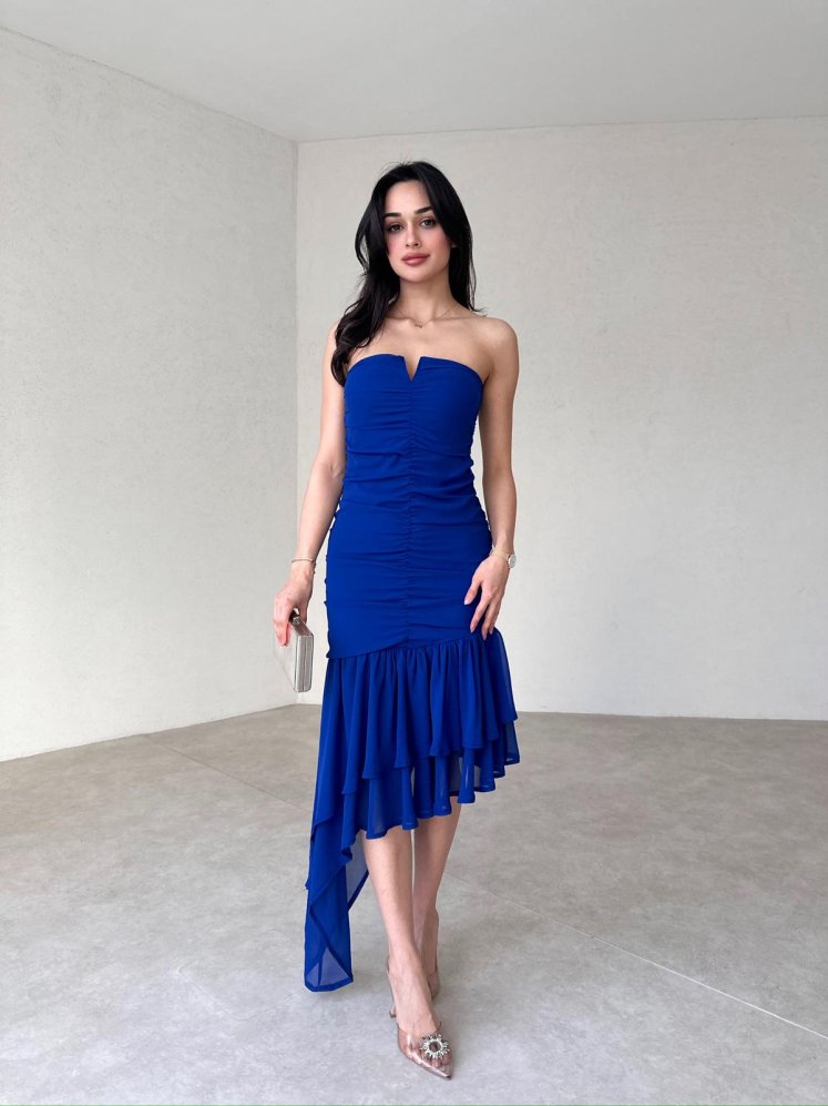 Asimetrik Etekli Midi HOLDEN Elbise 4939 - Mavi - Mooi Butik