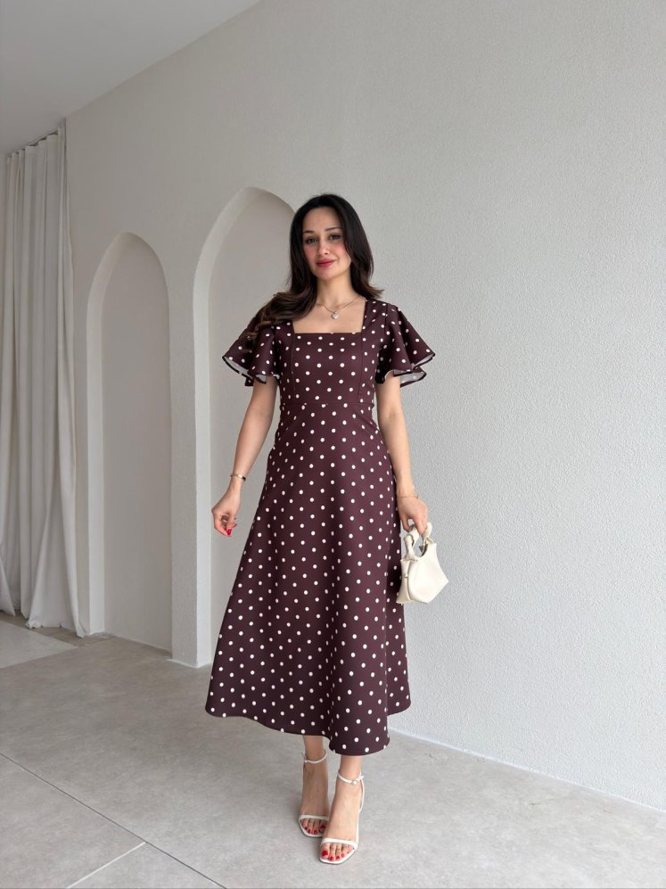 ATHENS Puantiyeli Midi Elbise 5475 - Acı Kahve - Mooi Butik