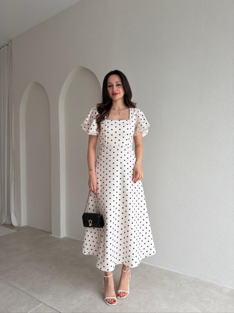 ATHENS Puantiyeli Midi Elbise 5475 - Beyaz - Mooi Butik