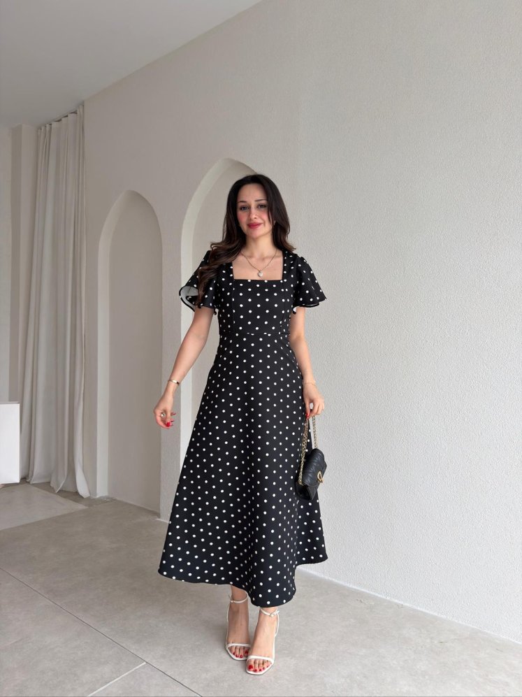 ATHENS Puantiyeli Midi Elbise 5475 - Siyah - Mooi Butik