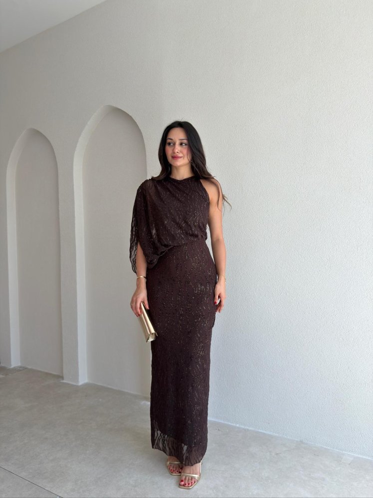 ATİNA Simli Tek Omuz Maxi Elbise 4026 - Acı Kahve - Mooi Butik