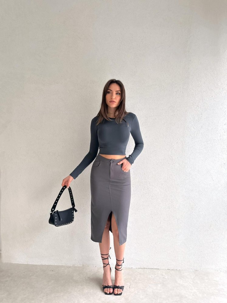 Atlas Kumaş Yırtmaçlı Boby Etek 3893 - Füme - Mooi Butik