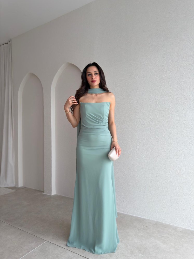 AVALON Şal Detaylı Maxi Elbise 4169 - Mint - Mooi Butik