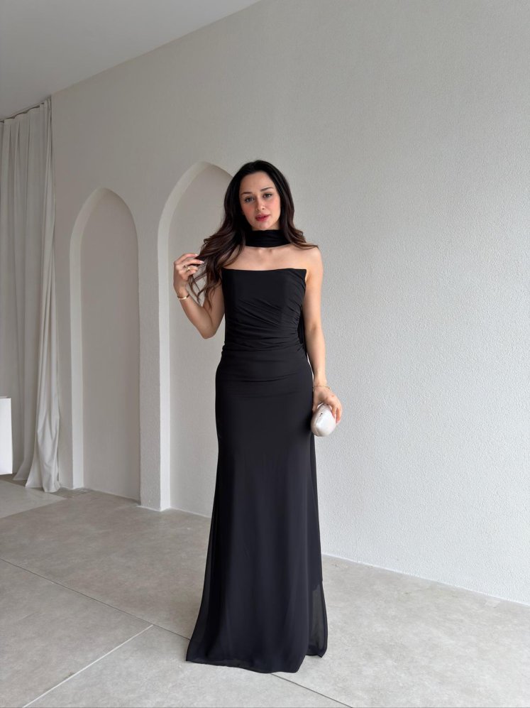 AVALON Şal Detaylı Maxi Elbise 4169 - Siyah - Mooi Butik