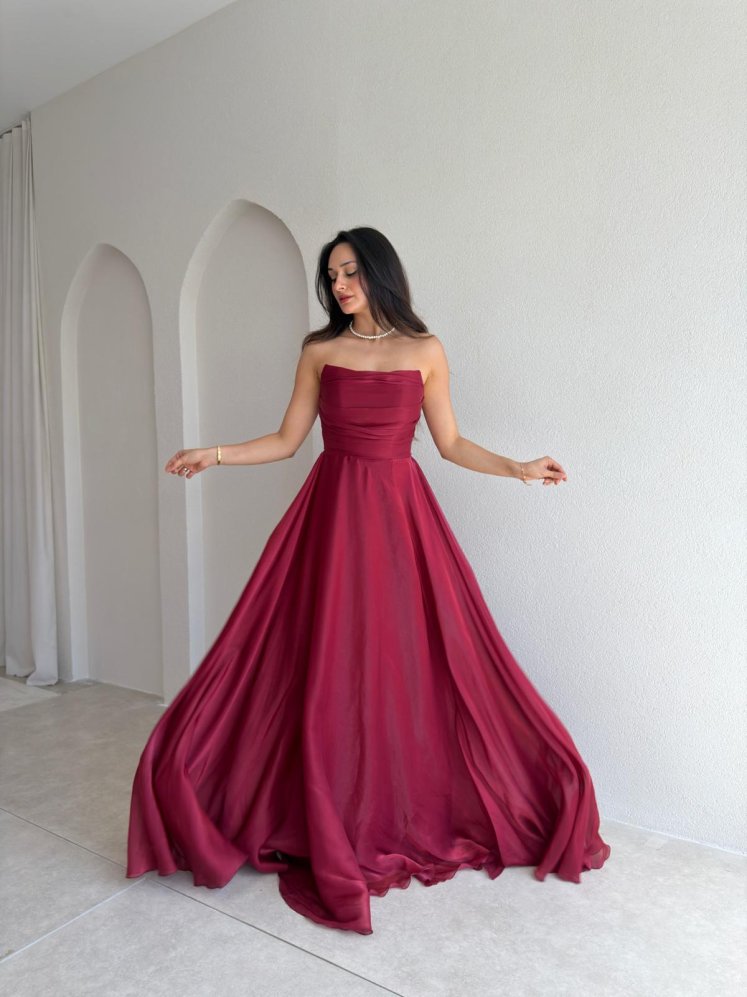 AVENYA Straplez Maxi Elbise 4011 - Bordo - Mooi Butik
