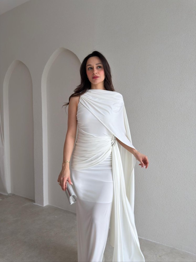  AYRİS Tek Omuz Maxi Elbise 5458 - Beyaz - Mooi Butik
