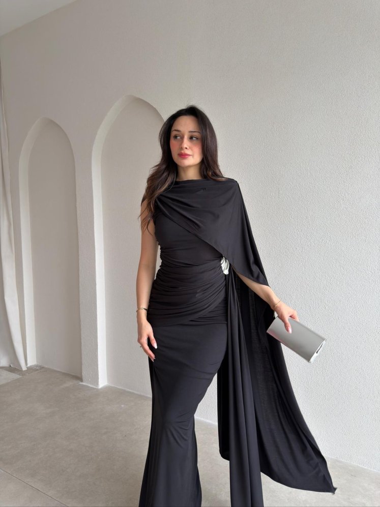 AYRİS Tek Omuz Maxi Elbise 5458 - Siyah - Mooi Butik
