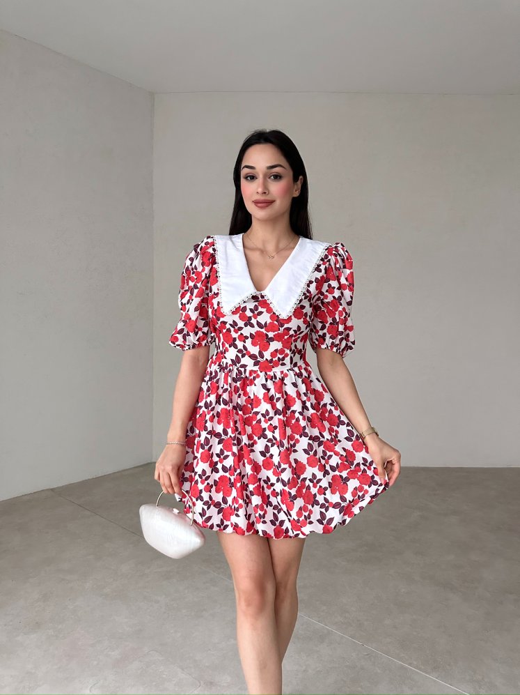 Bebe Yaka Çiçek Desenli Rochelle Elbise - Nar Çiçeği - Mooi