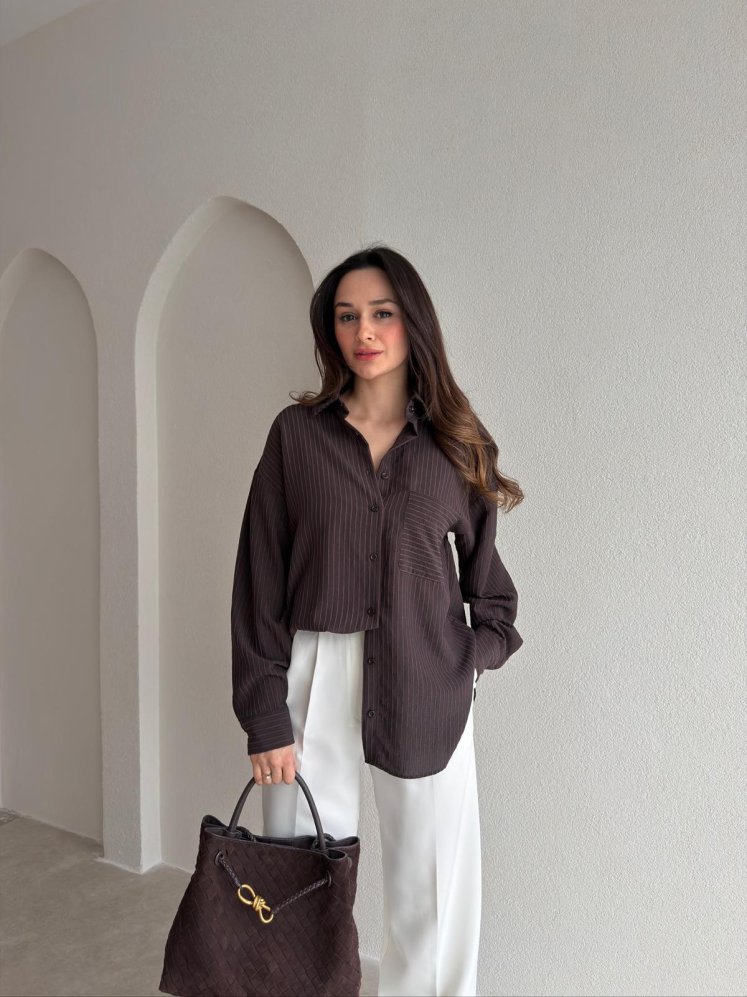 BELLA Çizgili Gömlek 1805 - Acı Kahve - Mooi Butik