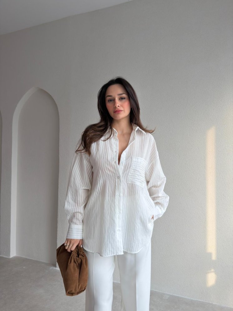  BELLA Çizgili Gömlek 1805 - Beyaz - Mooi Butik