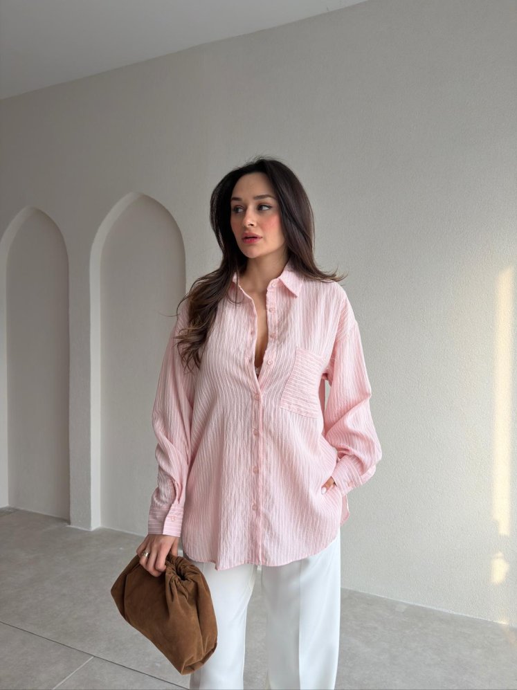  BELLA Çizgili Gömlek 1805 - Pudra - Mooi Butik