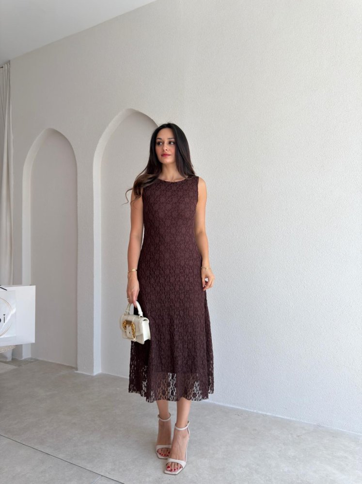 BERA Dantelli Midi Elbise 3038 - Acı Kahve - Mooi Butik