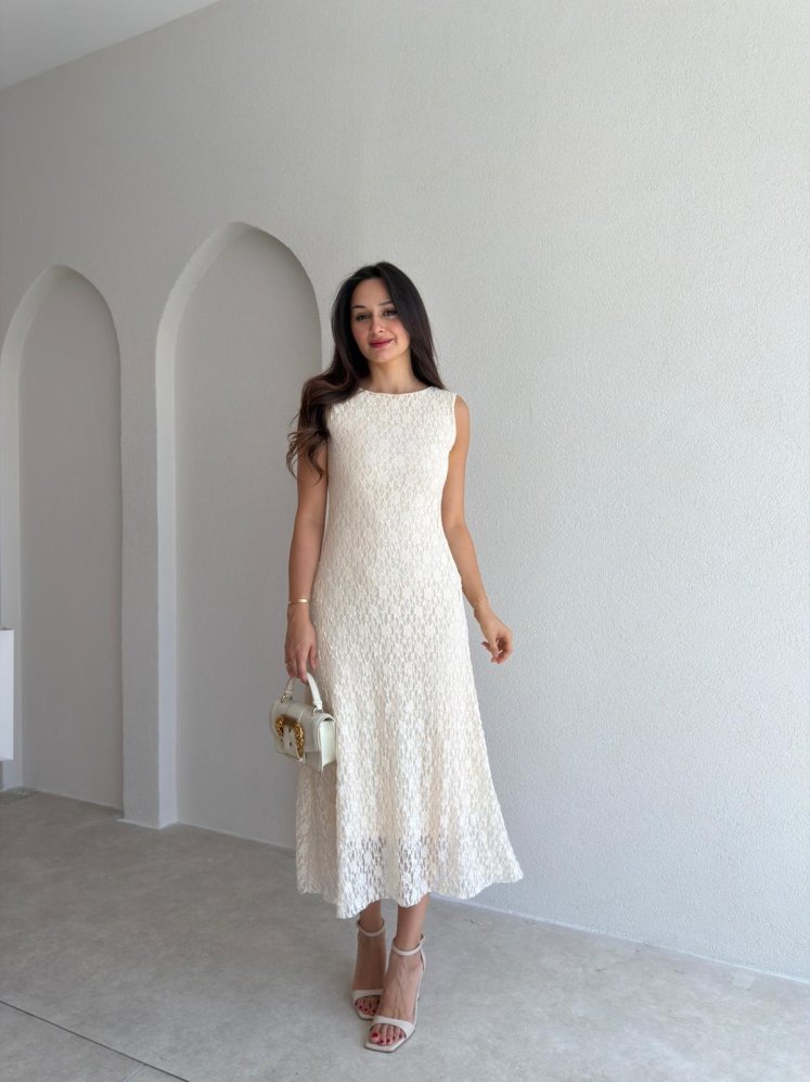 BERA Dantelli Midi Elbise 3038 - Ekru - Mooi Butik