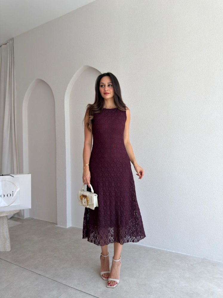 BERA Dantelli Midi Elbise 3038 - Mürdüm - Mooi Butik