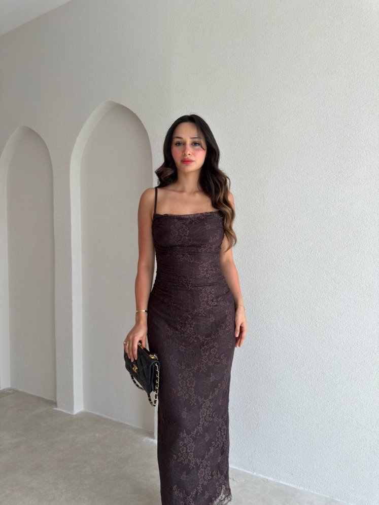 BİSTRO Dantelli Maxi Elbise 6594 - Acı Kahve - Mooi Butik