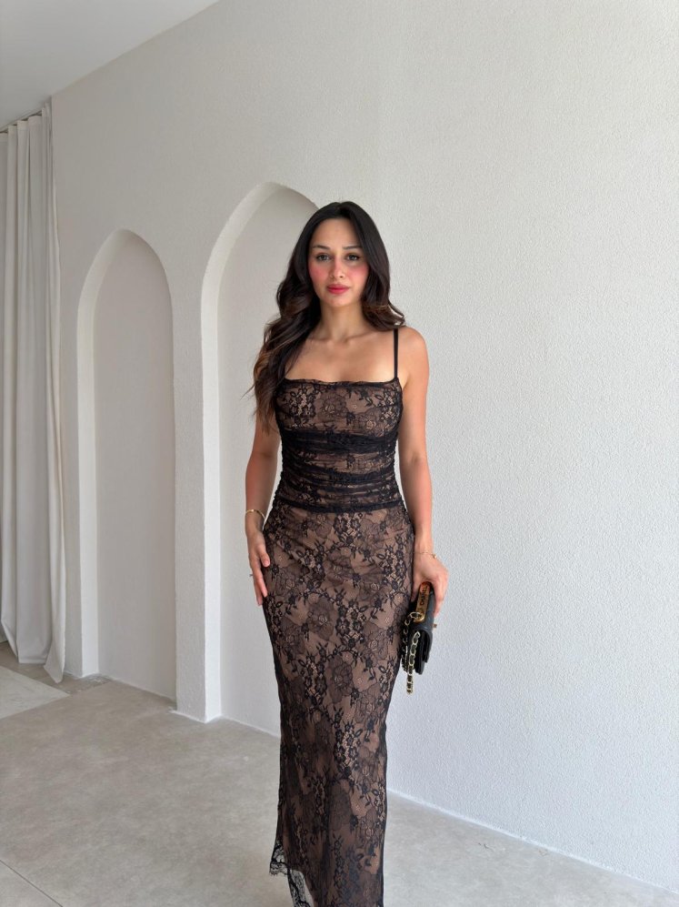 BİSTRO Dantelli Maxi Elbise 6594 - Siyah - Mooi Butik
