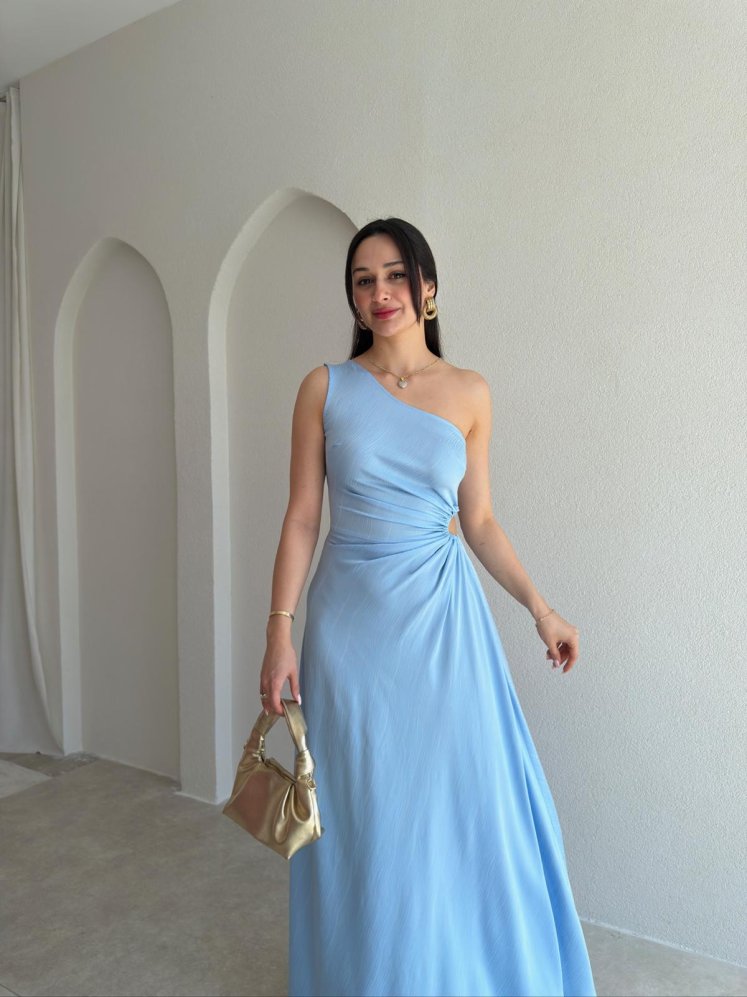  BLONDE Tek Omuz Maxi Elbise 5497 - Bebe Mavisi - Mooi Butik