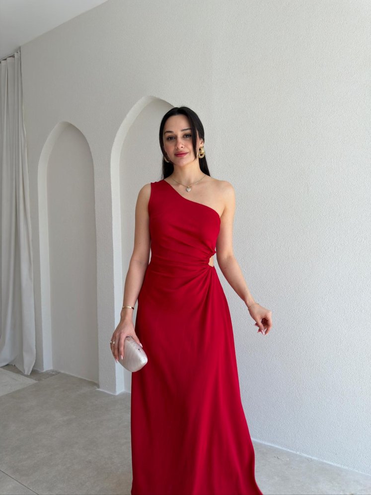 BLONDE Tek Omuz Maxi Elbise 5497 - Kırmızı - Mooi Butik