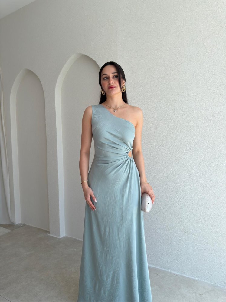 BLONDE Tek Omuz Maxi Elbise 5497 - Mint - Mooi Butik