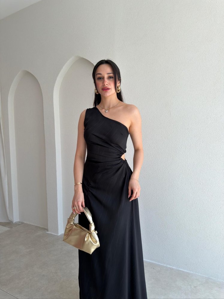 BLONDE Tek Omuz Maxi Elbise 5497 - Siyah - Mooi Butik