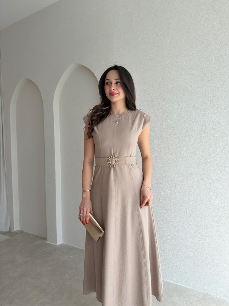 BOLD Kemerli Midi Elbise 1812 - Vizon - Mooi Butik