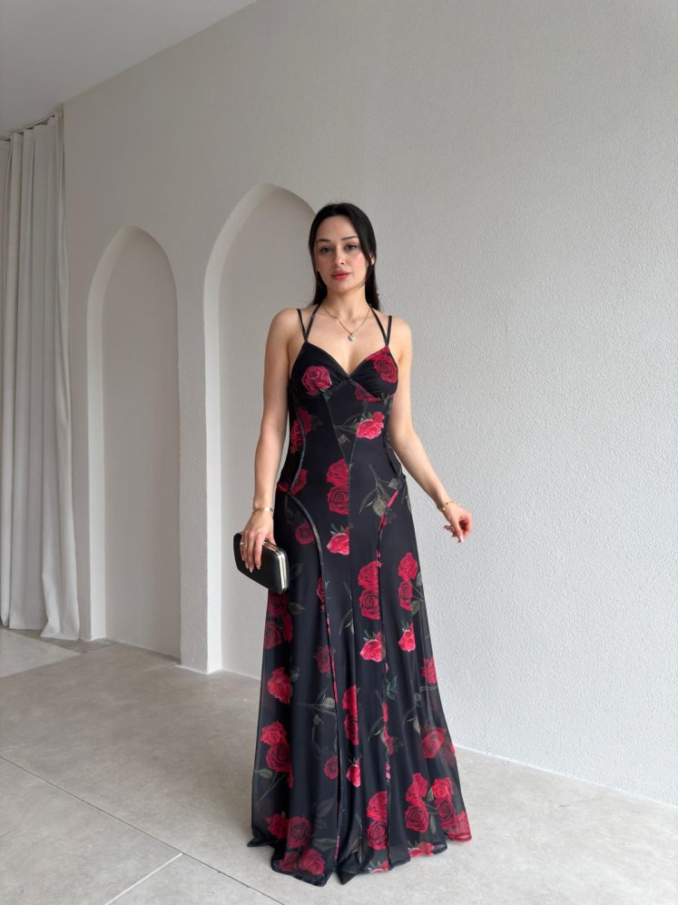 BONJOUR Gül Desenli Maxi Elbise 5508 - Siyah - Mooi Butik