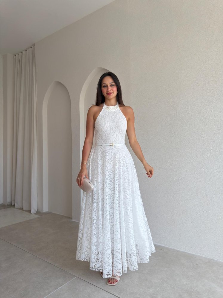 BORGES Dantelli Midi Elbise 8780 - Beyaz - Mooi Butik