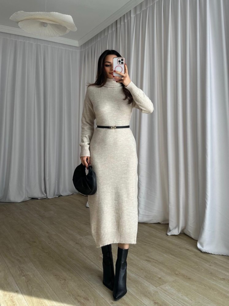 BRÜKSEL Triko Elbise 0385 - Krem - Mooi Butik