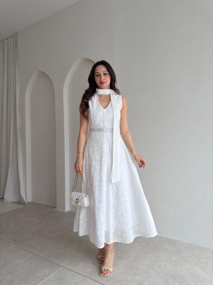 BUENOS Fularlı Midi Elbise 8935 - Beyaz - Mooi Butik