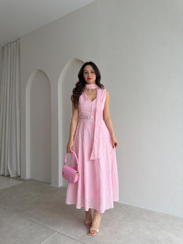 BUENOS Fularlı Midi Elbise 8935 - Pembe - Mooi Butik