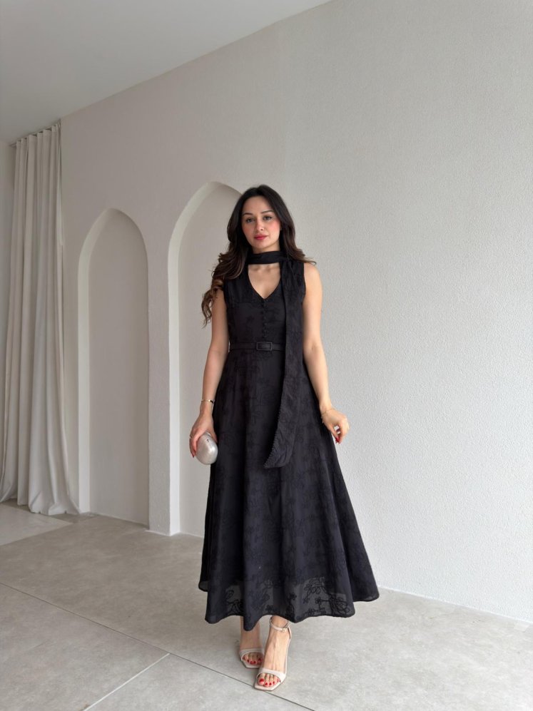 BUENOS Fularlı Midi Elbise 8935 - Siyah - Mooi Butik