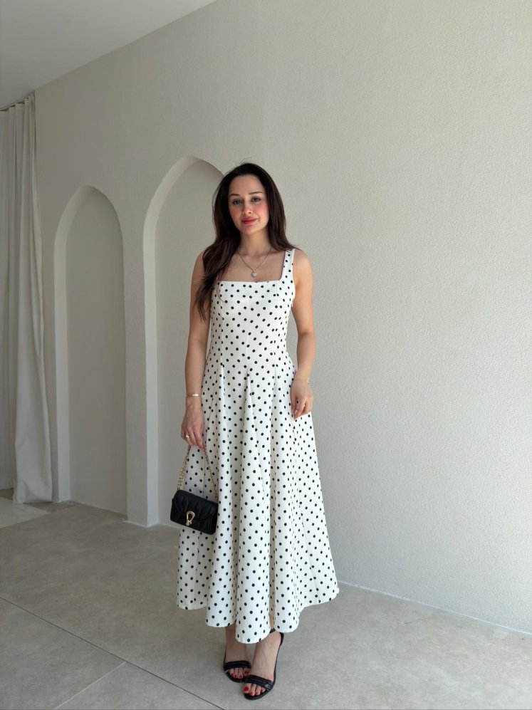 CALDER Puantiyeli Midi Elbise 1108 - Beyaz - Mooi Butik