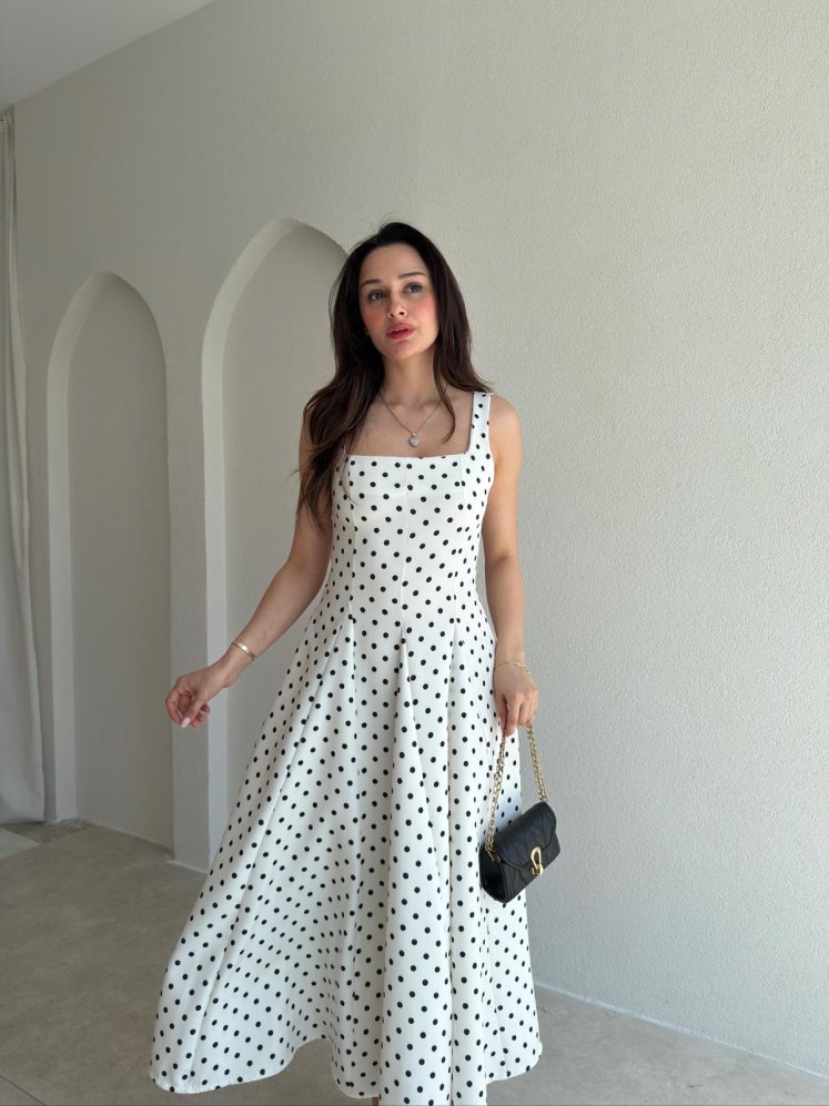 CALDER Puantiyeli Midi Elbise 1108 - Beyaz - Mooi Butik