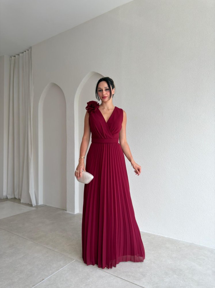 CALM Gül Detaylı Maxi Elbise 1815 - Bordo - Mooi Butik