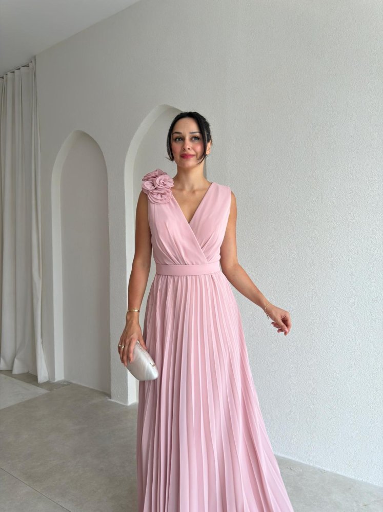  CALM Gül Detaylı Maxi Elbise 1815 - Pudra - Mooi Butik
