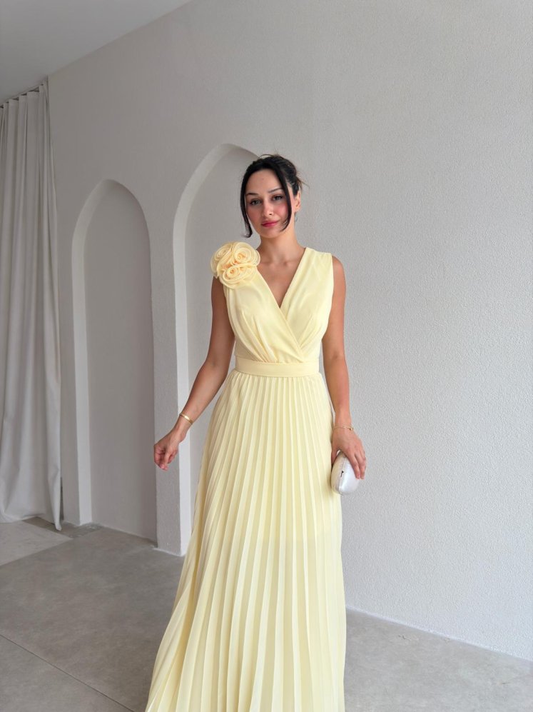 CALM Gül Detaylı Maxi Elbise 1815 - Sarı - Mooi Butik
