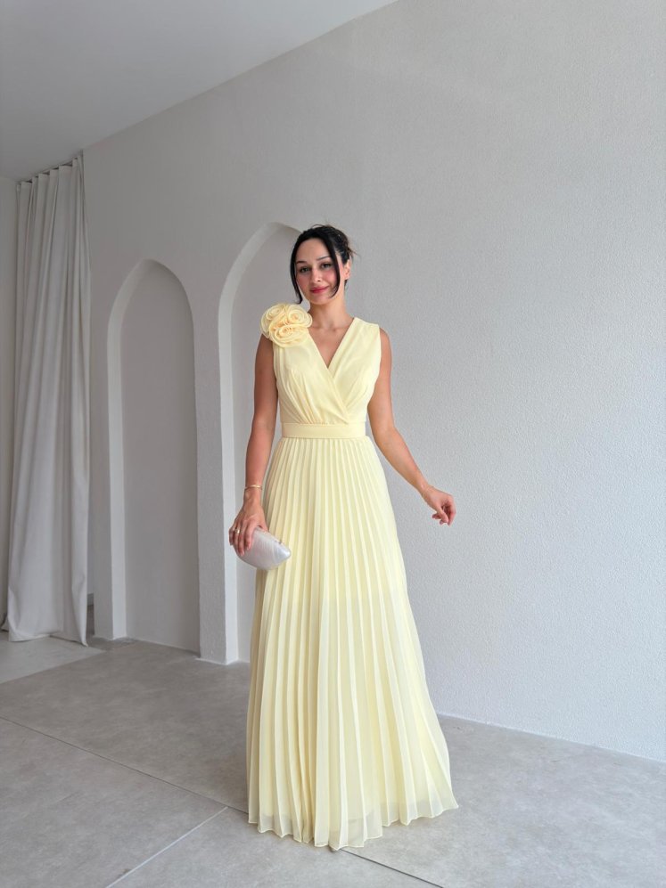 CALM Gül Detaylı Maxi Elbise 1815 - Sarı - Mooi Butik