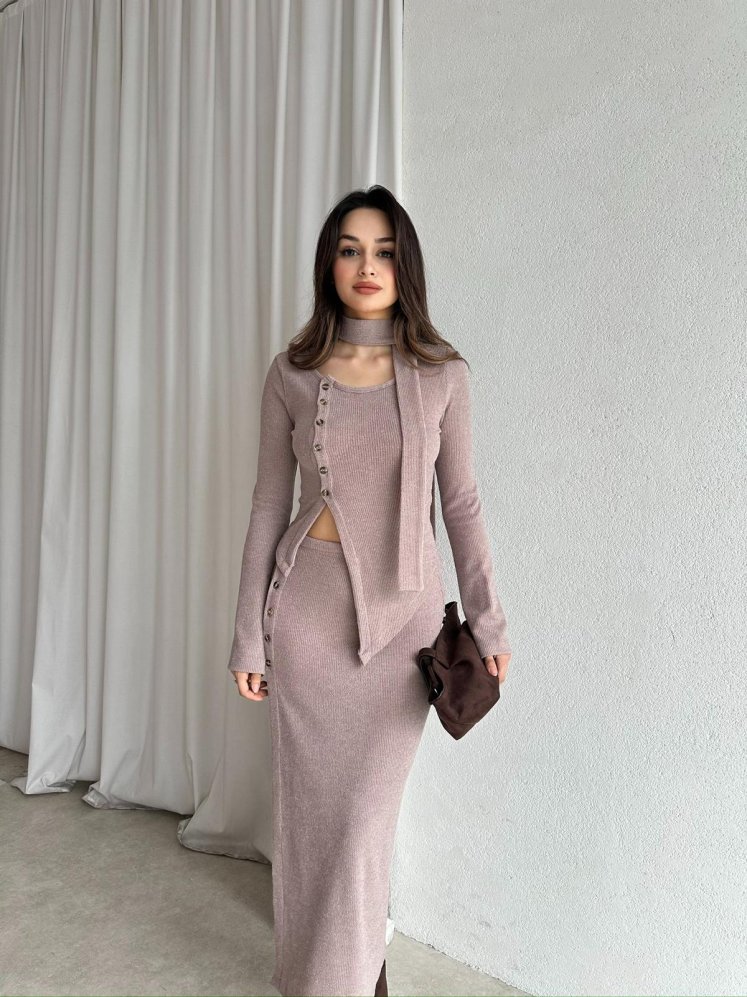 CANDİS Triko Fularlı Takım 8512 - Vizon - Mooi Butik