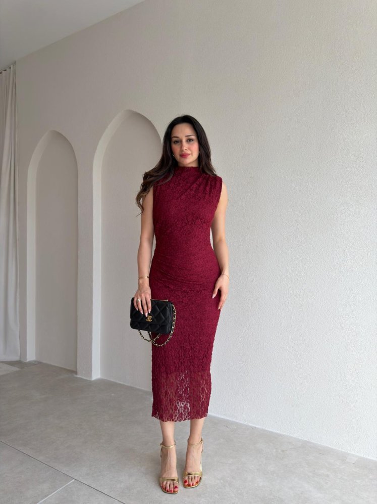CAPRİCE Dantelli Midi Elbise 1811 - Bordo - Mooi Butik