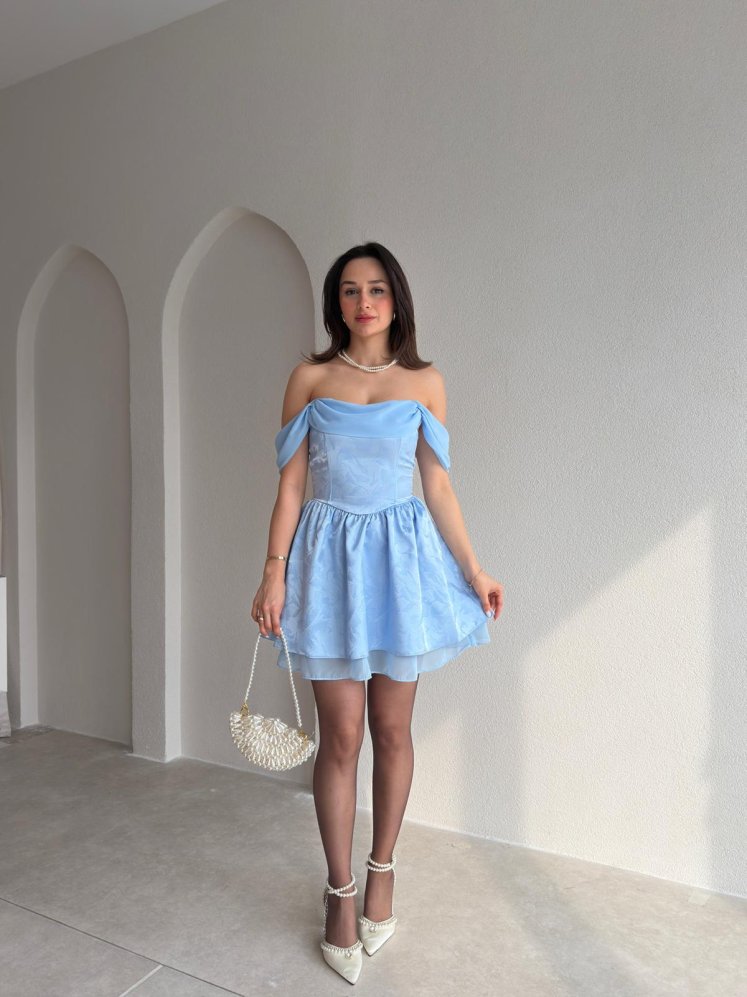 CARDY Saten Mini Elbise 9053 - Bebe Mavisi - Mooi Butik