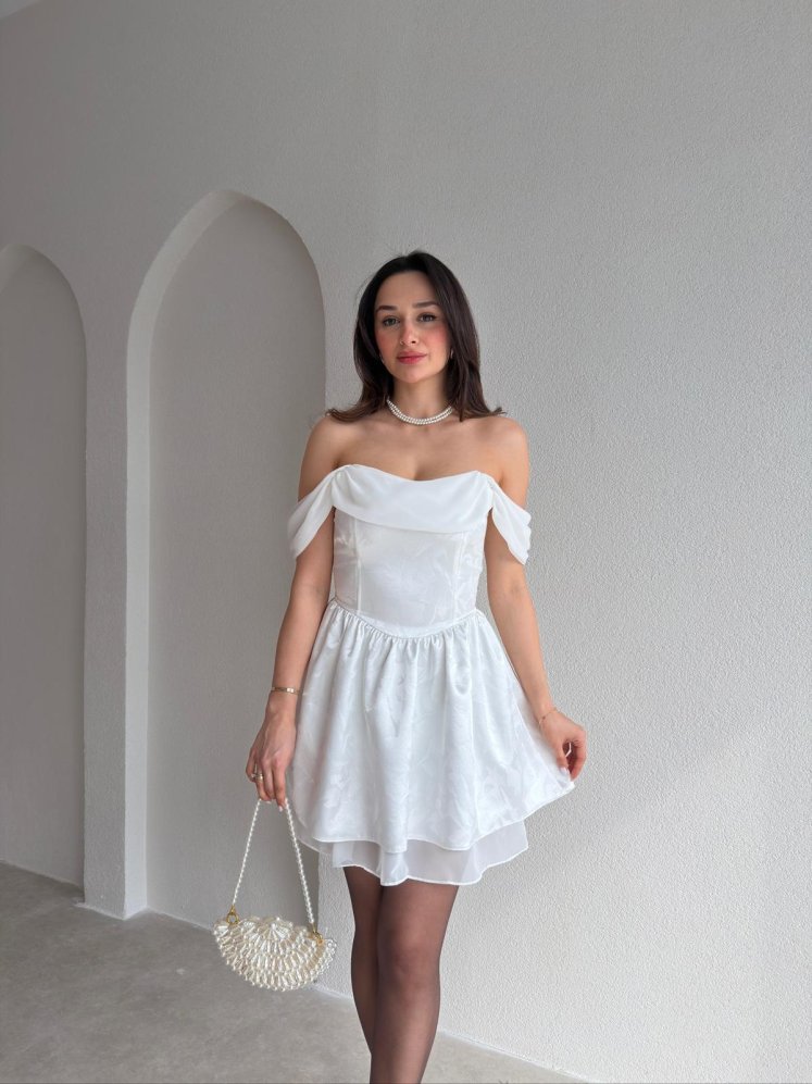 CARDY Saten Mini Elbise 9053 - Beyaz - Mooi Butik