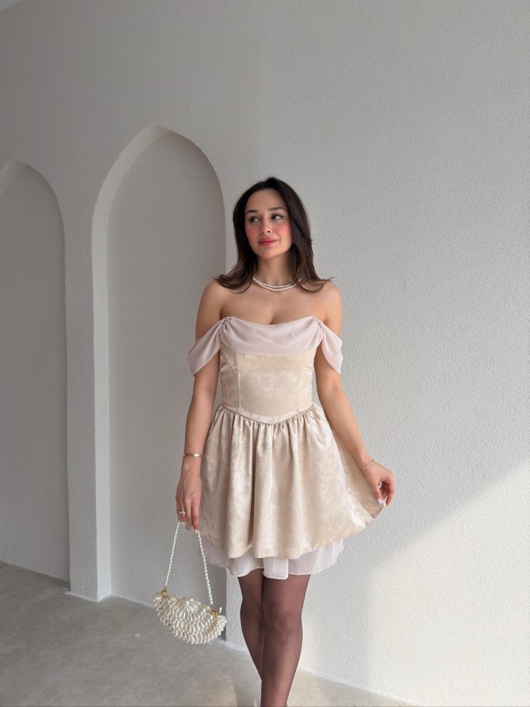 CARDY Saten Mini Elbise 9053 - Krem - Mooi Butik