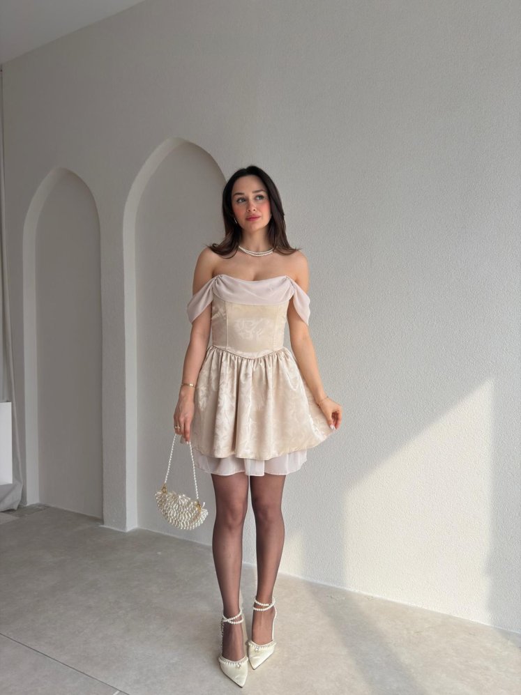 CARDY Saten Mini Elbise 9053 - Krem - Mooi Butik