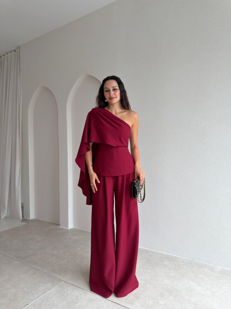 CARİNA Tek Omuz Takım 3689 - Bordo - Mooi Butik