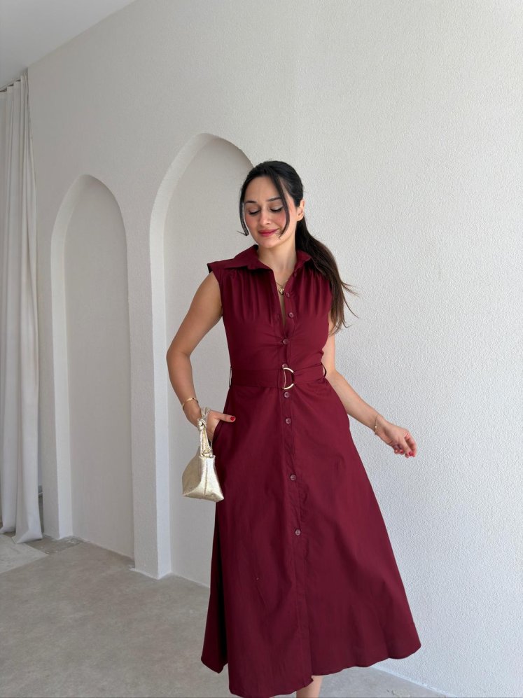 CARPET Düğmeli Midi Elbise 4023 - Bordo - Mooi Butik