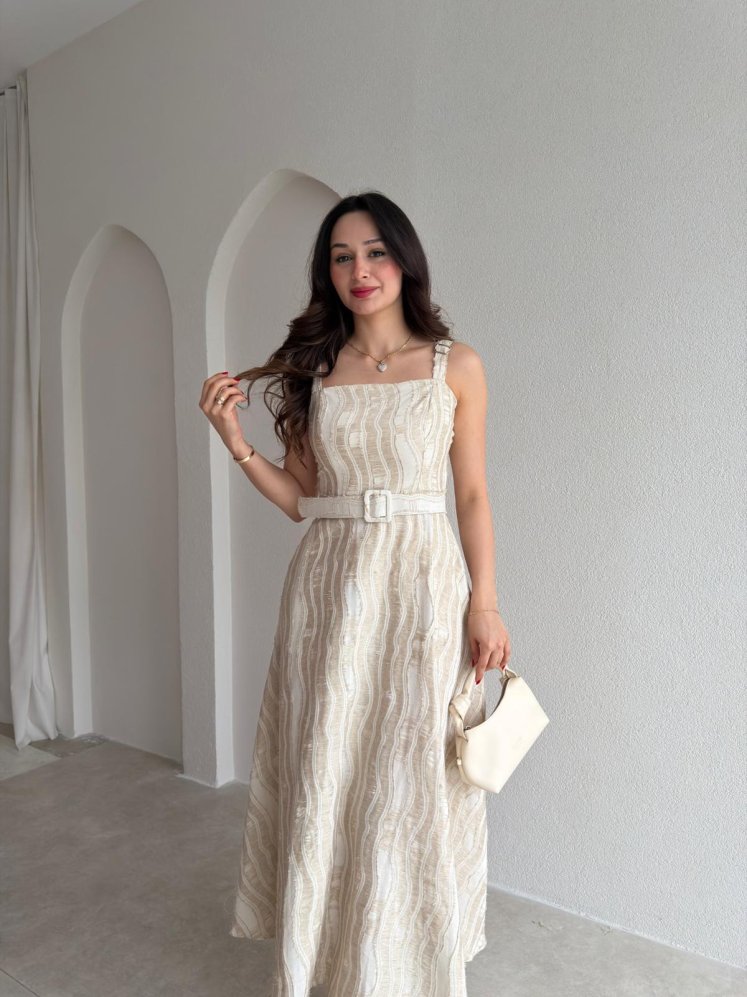 CARREY Kemerli Midi Elbise 5212 - Krem Rengi - Mooi Butik
