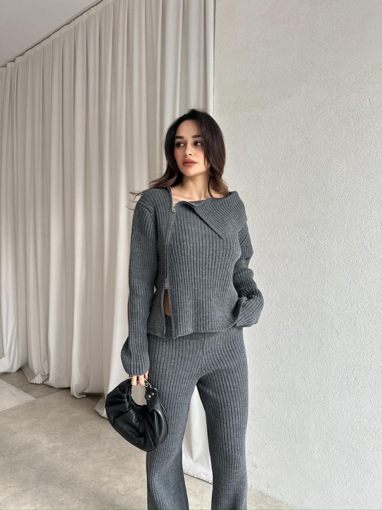 CASPER Fermuar Yaka Triko Takım 8685 - Gri - Mooi Butik