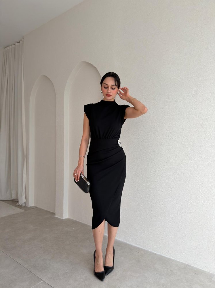 CASSİE Broşlu Midi Elbise 8400 - Siyah - Mooi Butik